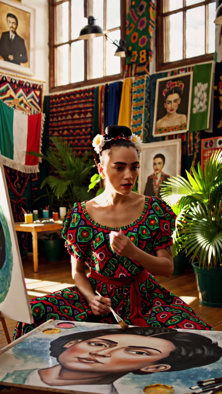 Woman Painting a Frida Kahlo-Inspired Portrait in a Vibrant Mexican-Style Art Studio