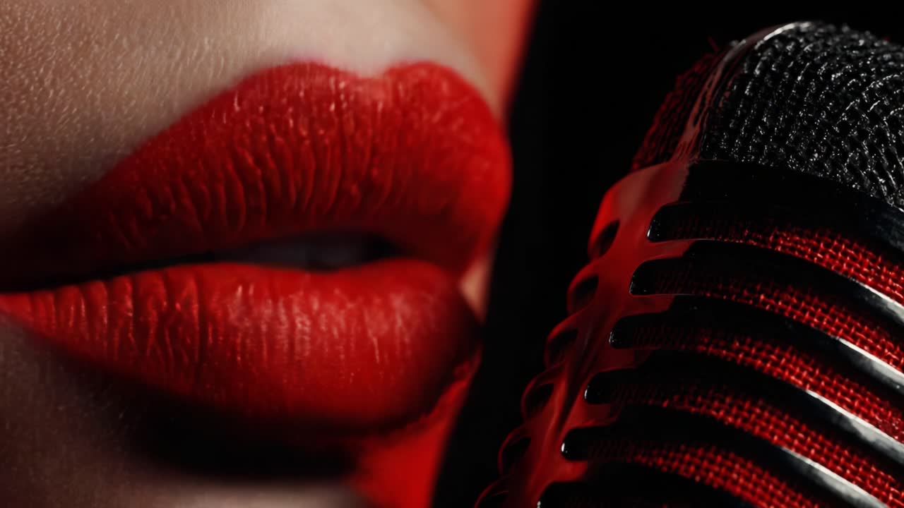 Captivating Close-Up of Red Lips and Vintage Microphone Evoking Passionate Music Vibes and Stunning Visuals in a Dramatic Composition