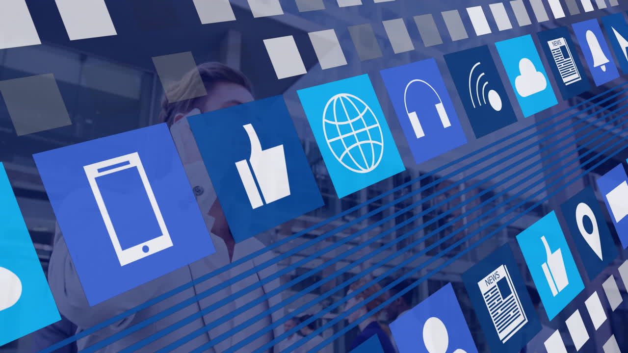 Animation of digital icons like globe and thumbs up on blue background