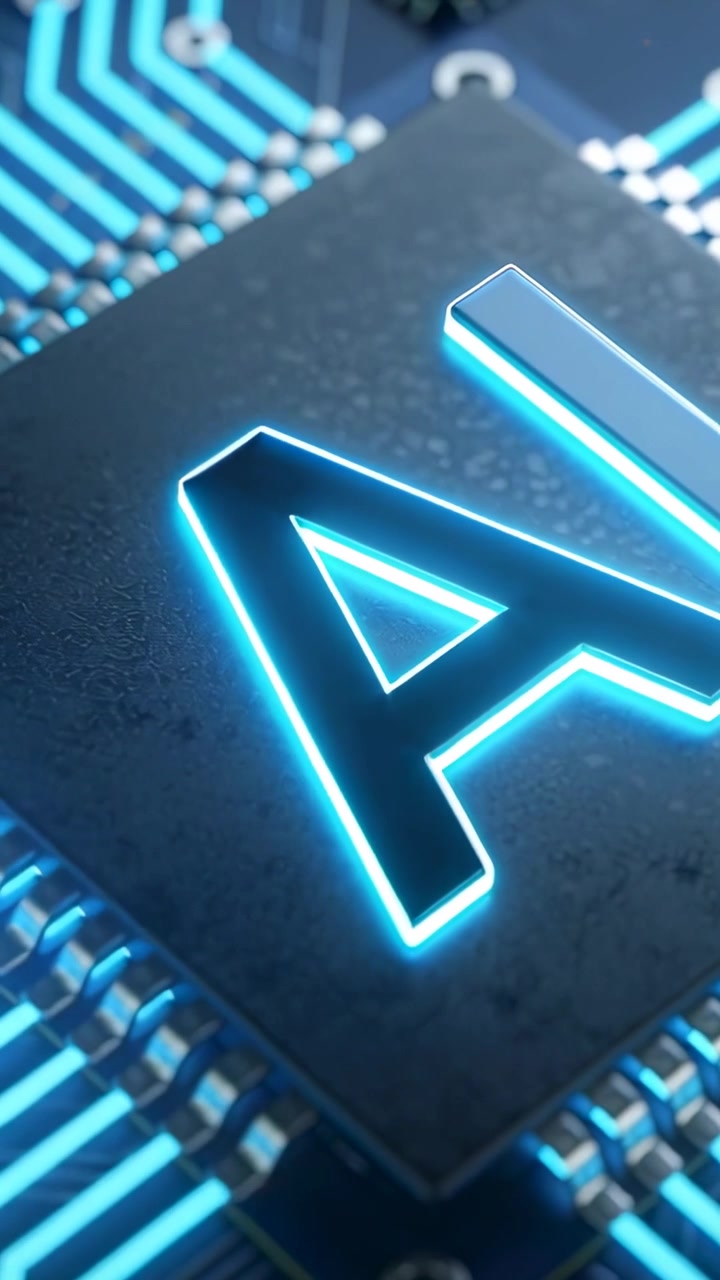 Vertical video: Pulling back, camera revealing chip with neon AI logo on PCB, showcasing badge