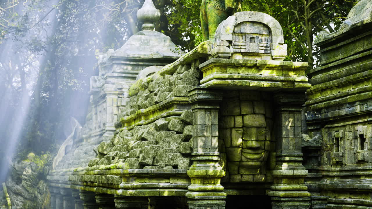 Ancient stone ruins hidden in the lush jungle illuminated by soft sunlight