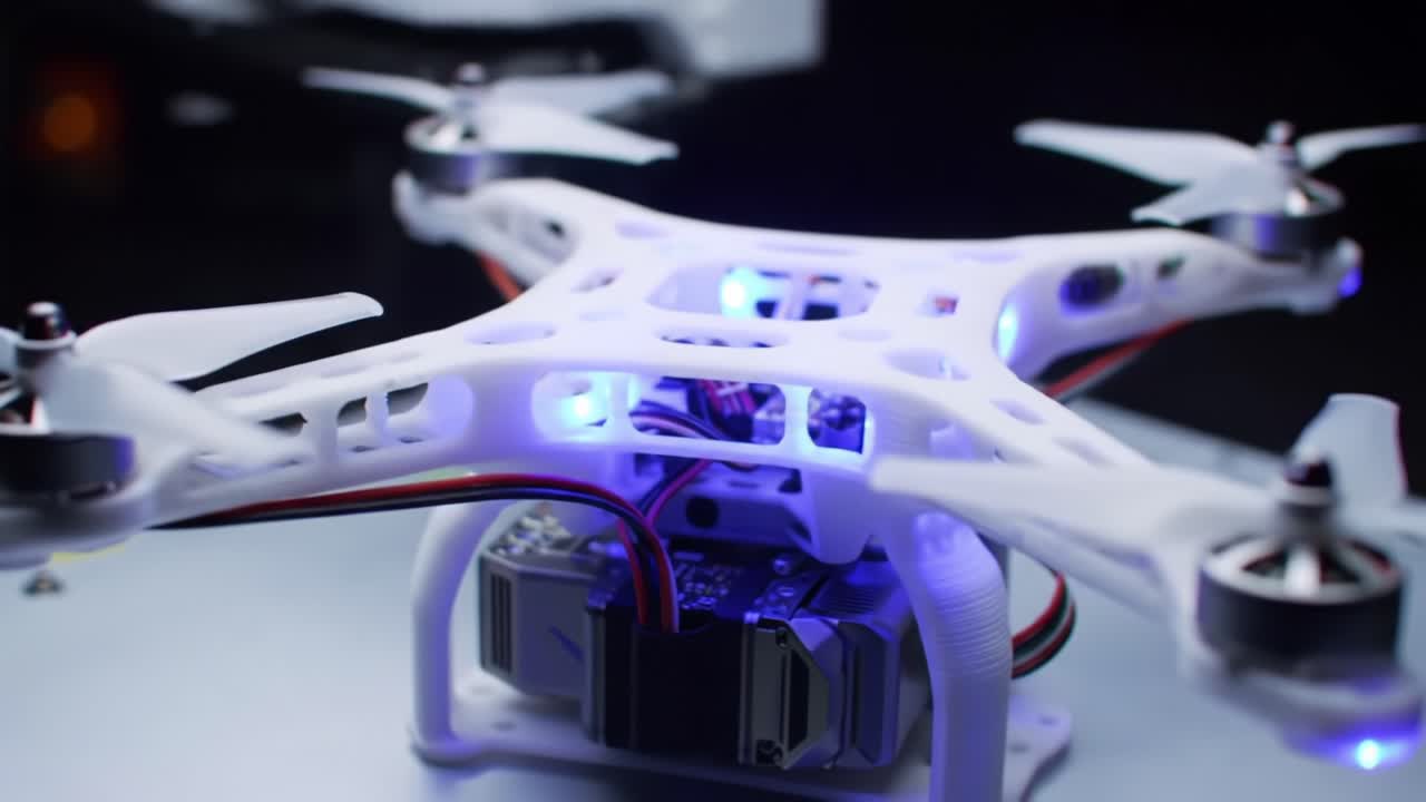 Close-Up of a Sleek Drone with Illuminated Features and Advanced Technology, Showcasing its Engineering Design and Modern Aesthetics in Action