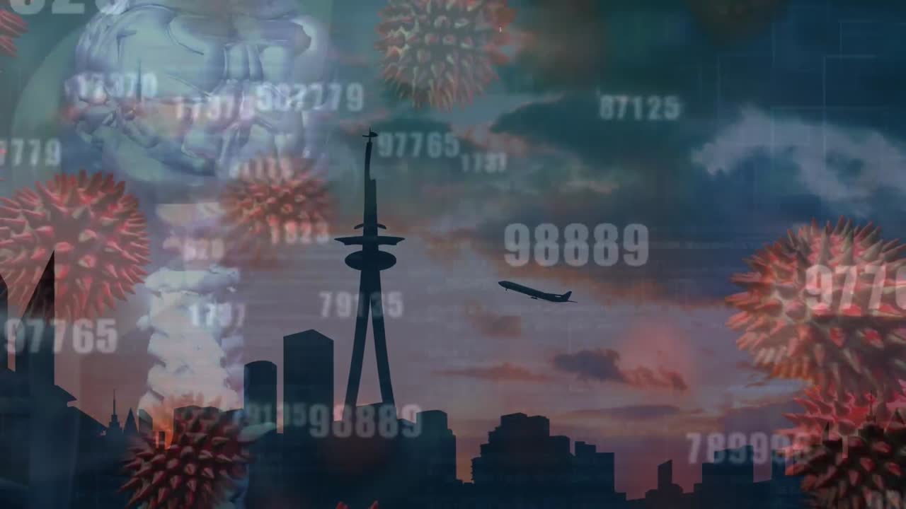 바이너리 코딩 위를 날아다니는 코비드 세포의 애니메이션