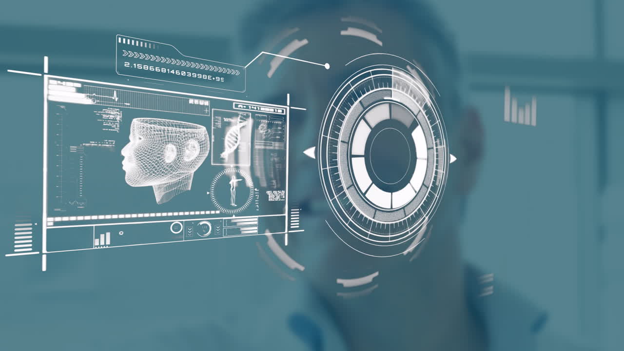 Animation of futuristic facial recognition technology overlaying on blurred background