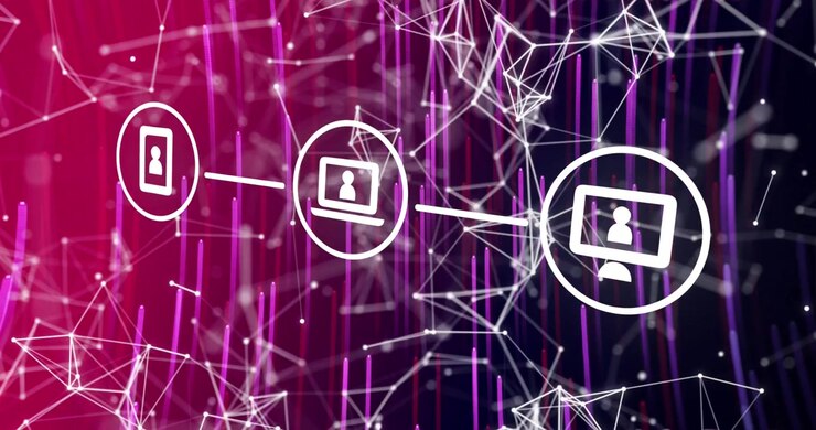 Animazione di icone in un motivo continuo su una rete di connessioni con icone digitali.