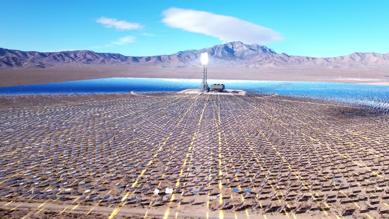 Aerial of solar farm with vfx 3d graphics in the desert, sun reflecting ...