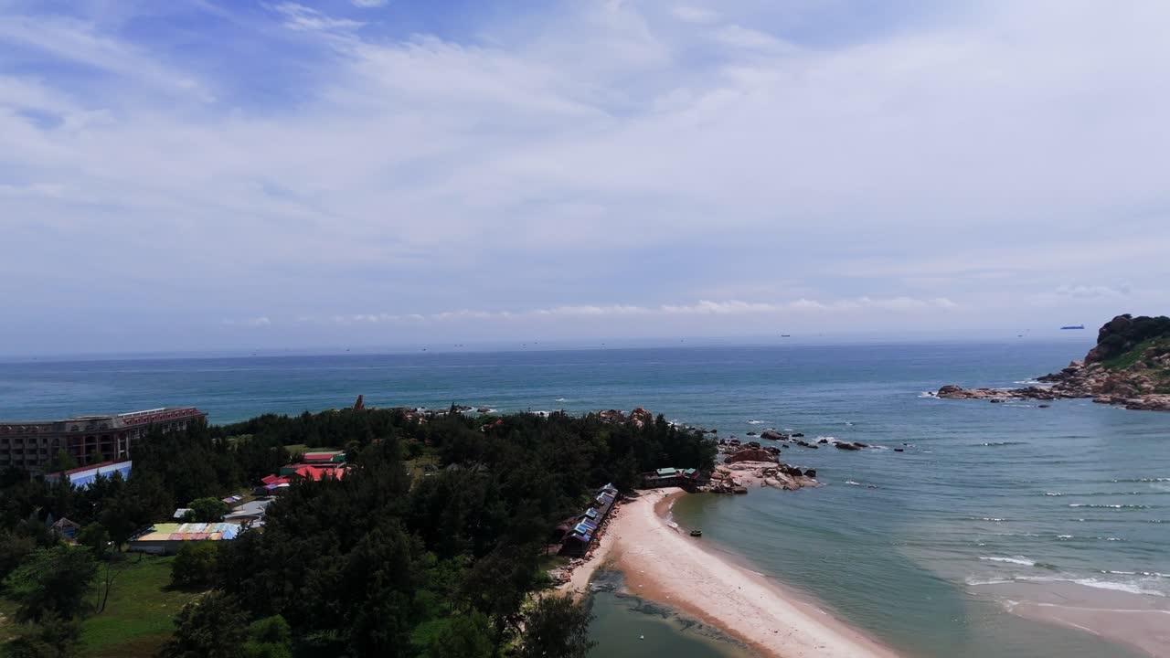 Aerial View Pan of the Famous KE GA Cape and the Beach in Binh Thuan (Vietnam) During the Rainy Season