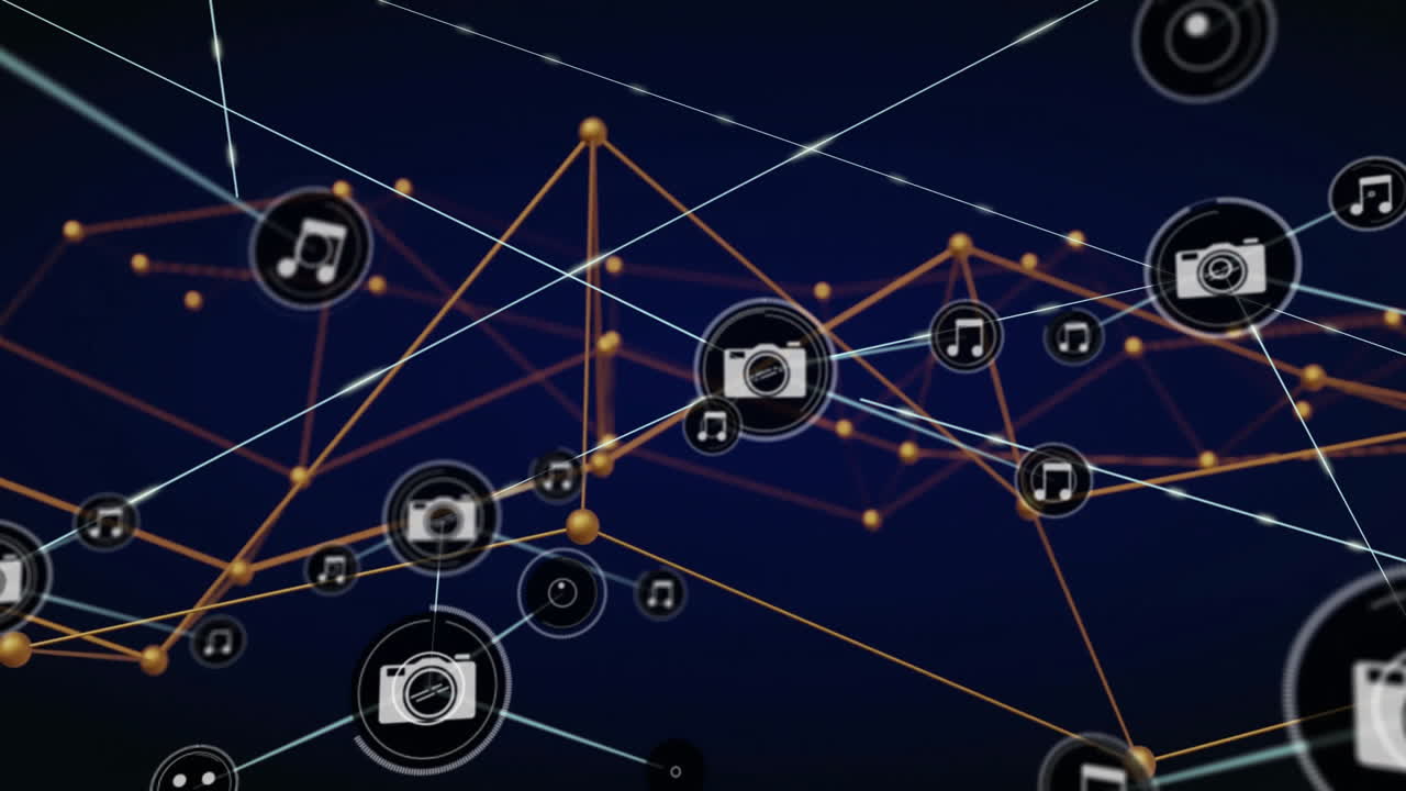 Animation of multimedia icons connected by lines over dark background