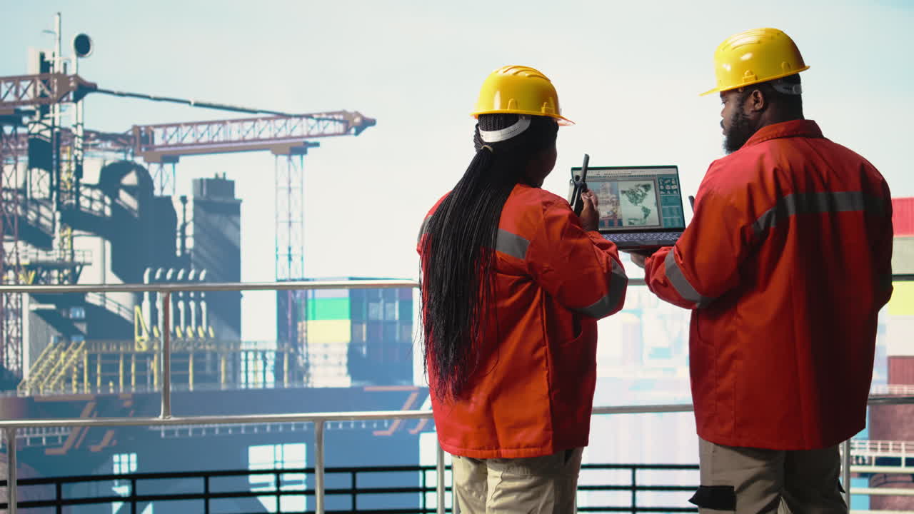 Vertical video Technicians on drilling barge deck identifying resource deposits