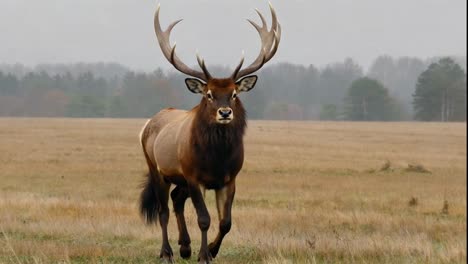 powerful bull elk staring directly at the camera in a foggy meadow.
