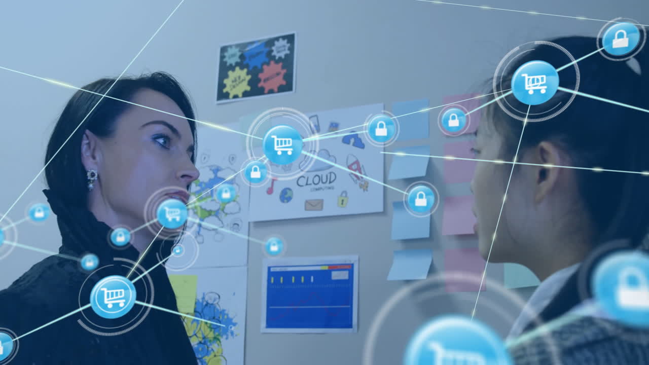 seguridad de la red y animación de compras en línea sobre personas que discuten en la oficina