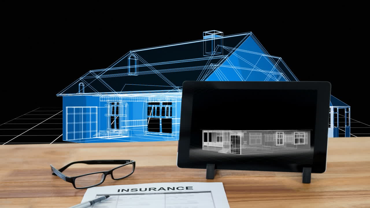 건축 청사진과 3d 하우스 모델이 보험 문서 위에 나무 책상 위에 있습니다.