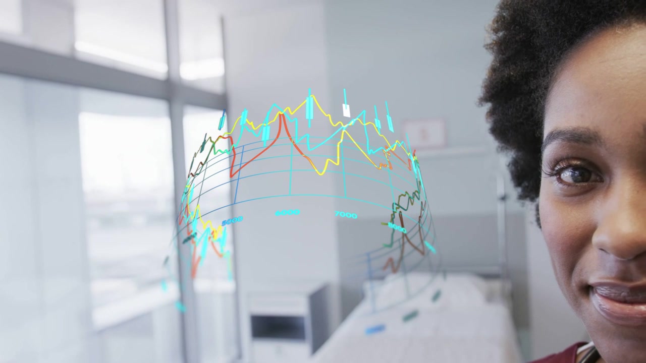 Clinician observing holographic sphere with line graphs materializing before her for patient care