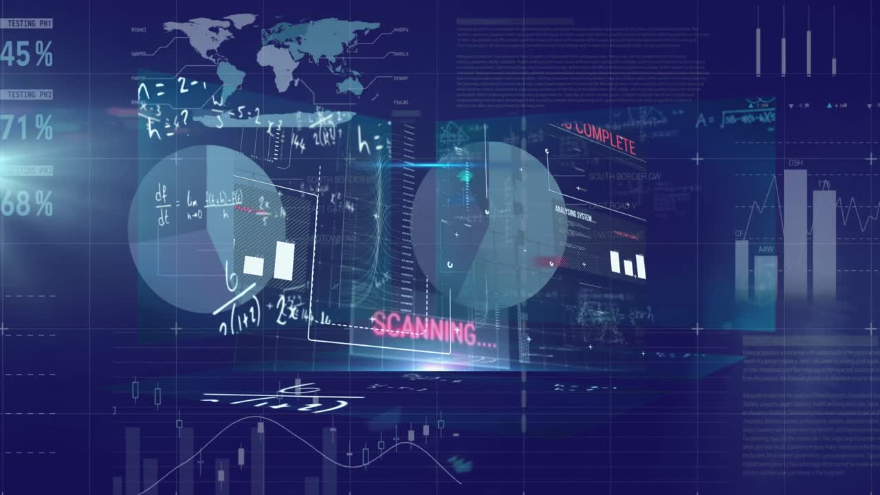 파란색 배경에 금융 데이터 처리 위에 떠있는 수학 방정식의 디지털 애니메이션