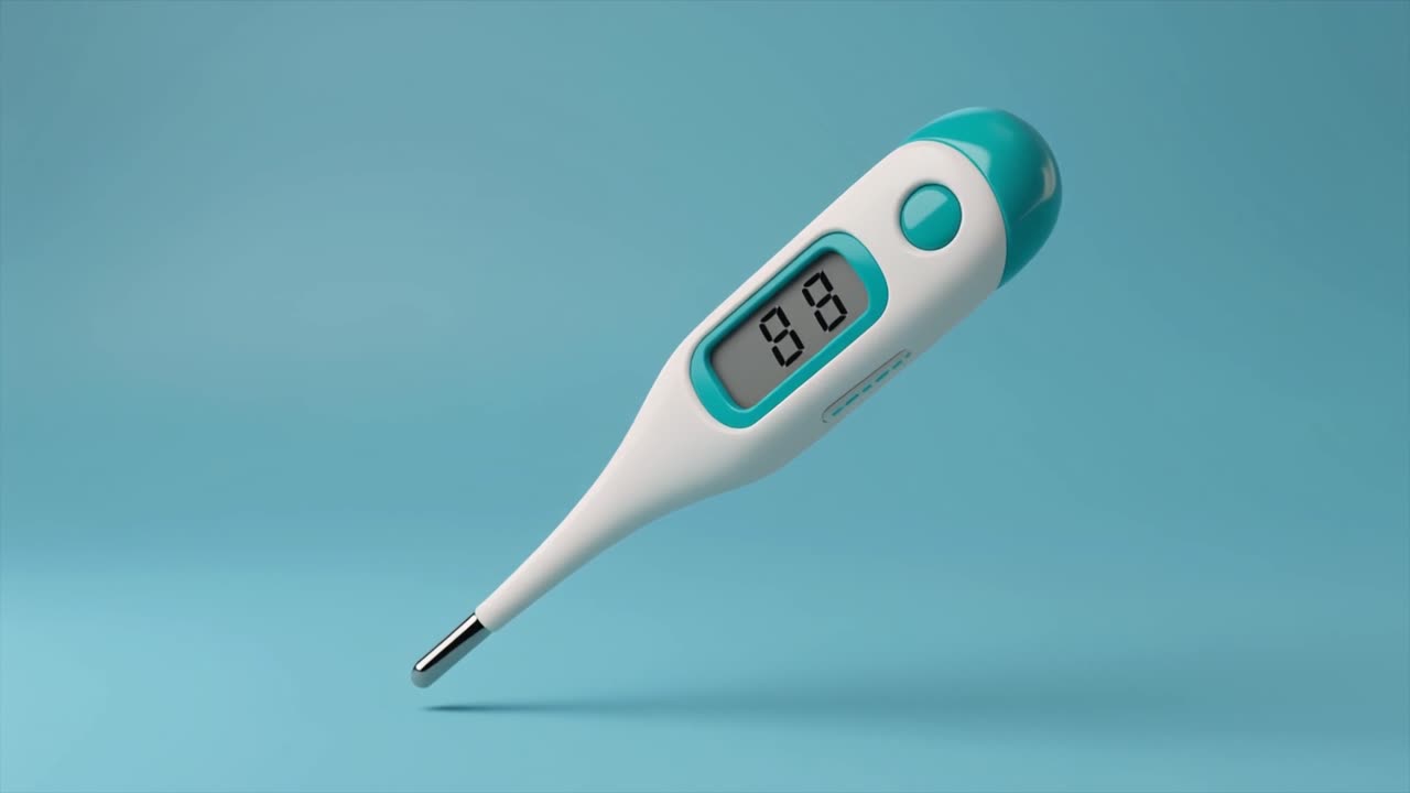 Digitální teploměr zobrazující naměřenou teplotu na modrém pozadí