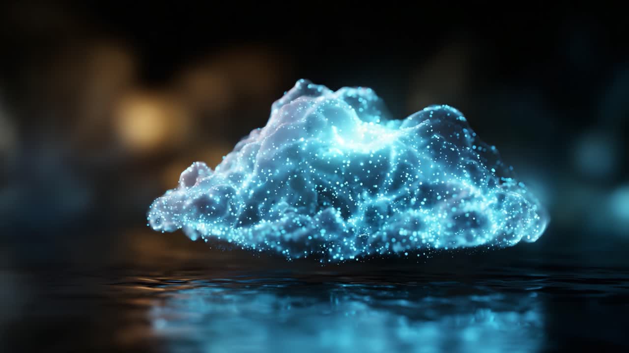 Een verbluffende visuele weergave van een gloeiende wolk met glinsterende deeltjes die boven een reflecterend oppervlak in een donkere omgeving zweven, waardoor een betoverende sfeer ontstaat