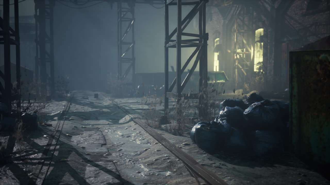 escena nocturna de una fábrica abandonada