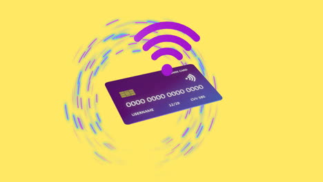 animation of wifi icon and credit card over yellow background