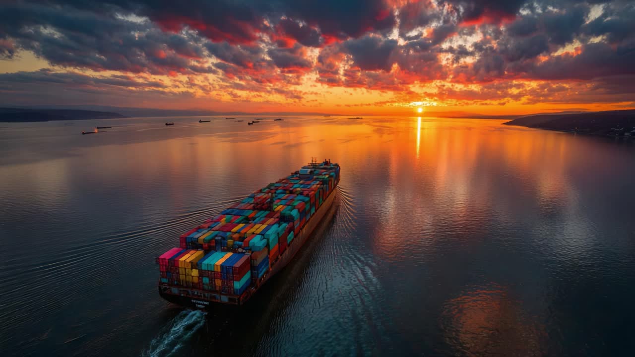 A Cargo Ship Navigating Tranquil Waters at Sunset, Surrounded by Vibrant Clouds and Reflections on the Calm Sea Surface
