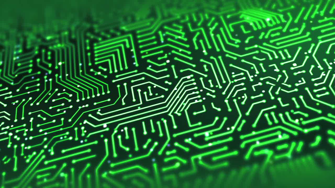 High Tech Electronic Circuit Board. Electrical Signals Flowing. Perfect Loop