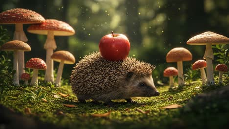 A whimsical hedgehog carrying a red apple navigates a magical forest filled with vibrant mushrooms, creating a charming and enchanting scene of nature and innocence