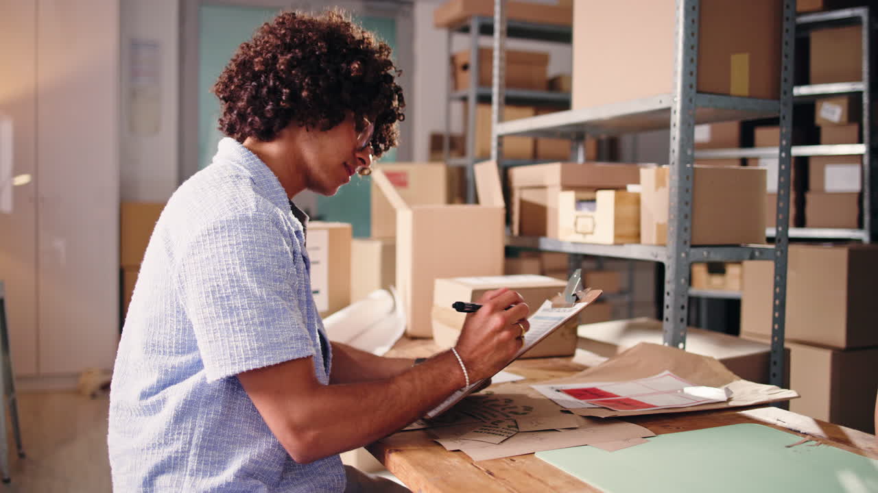 Young Man Checking Inventory and Orders in Small Warehouse