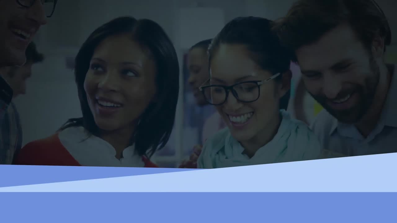 Animation of purple shapes over diverse business people in office