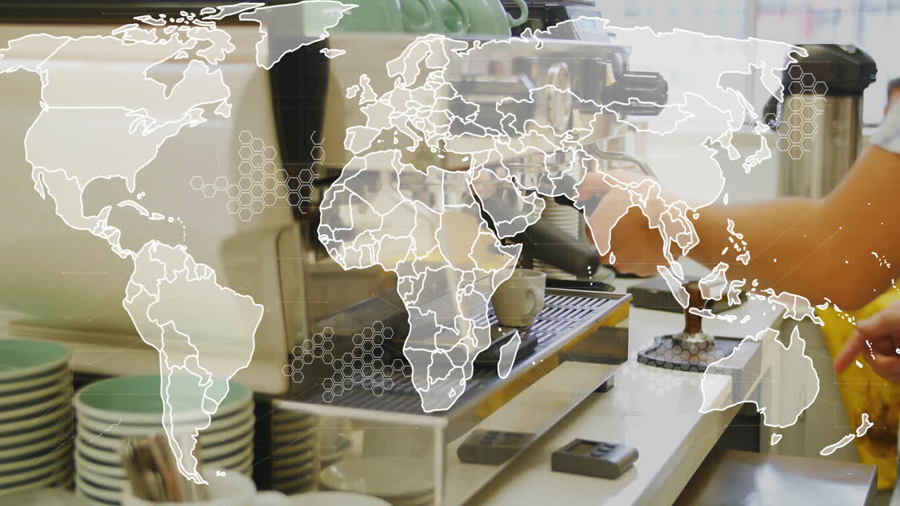 Hand pressing coffee grounds into portafilter on espresso machine, with teal saucers spoons scale