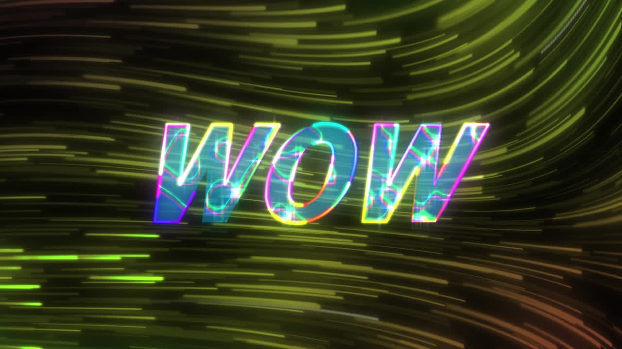 검은색 배경의 빛 트레일 위에 와우 텍스트의 애니메이션