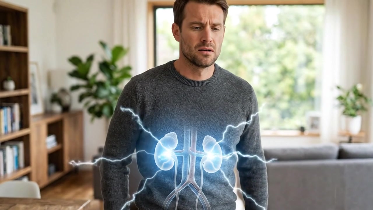 Man Holding Lower Back In Pain While Standing at Home