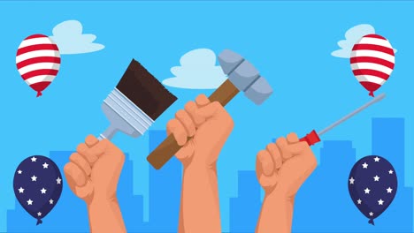 usa labor day animation with hands and tools