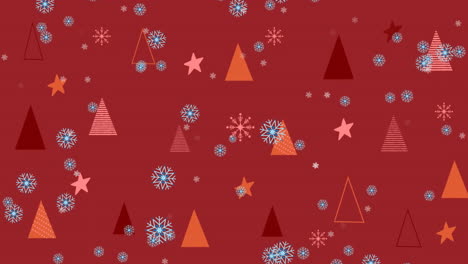 animation of snow falling over christmas baubles in winter scenery