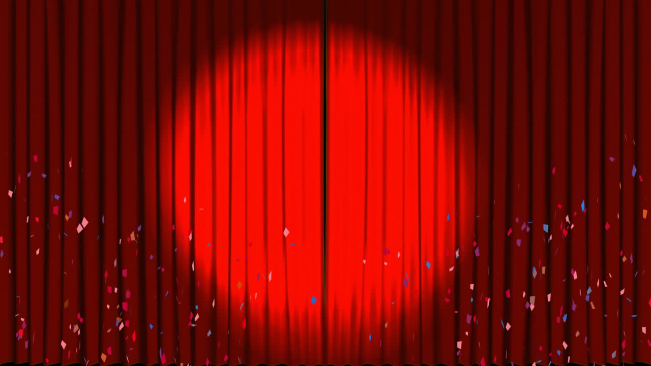 animación de confeti multicolor que cae sobre las cortinas rojas que se abren