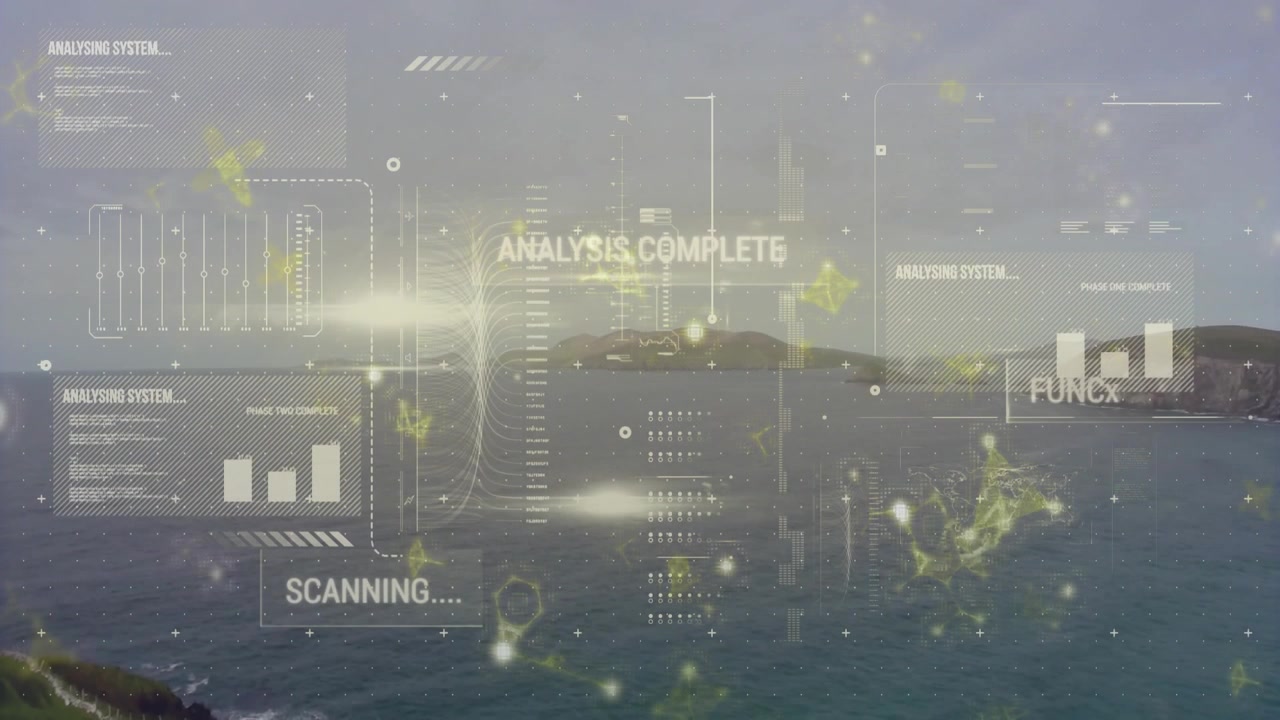 Upon coastal view appearing UI overlay scanning nodes and data bars intensifying toward activation