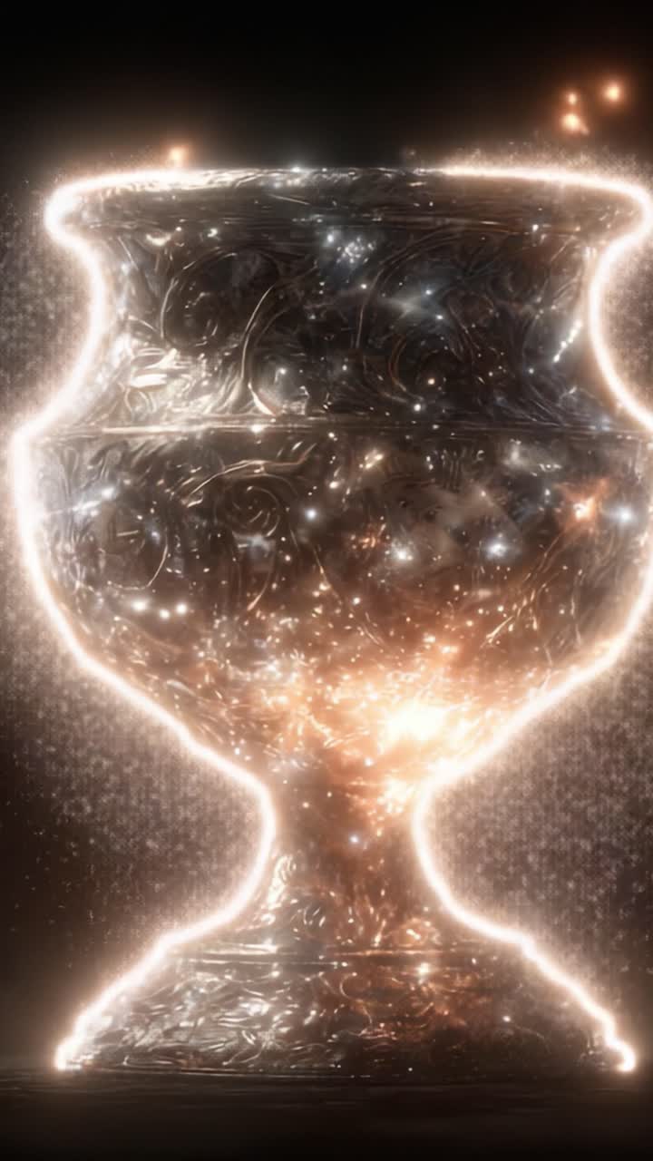 Un vaso di vetro incantato che irradia magia e scintillii, catturato in due fotogrammi, mettendo in mostra i suoi disegni intricati e il suo bagliore mistico.