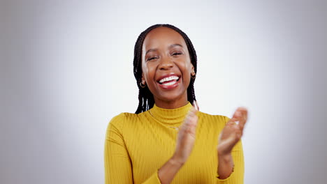 Face,-black-woman-and-applause-in-studio