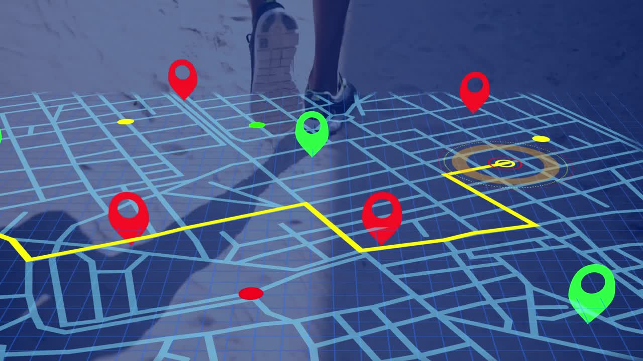 esquema de línea de mapa de navegación sobre el navegador contra la sección baja del hombre afroamericano corriendo