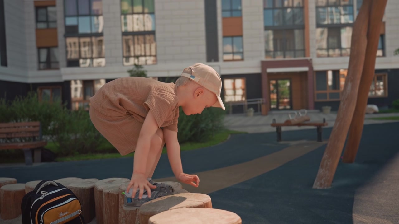 Young boy explores outdoor playground balancing and stepping on wooden stumps in modern urban setting. Boy wears casual clothing including cap as boy interacts with play equipment nearby