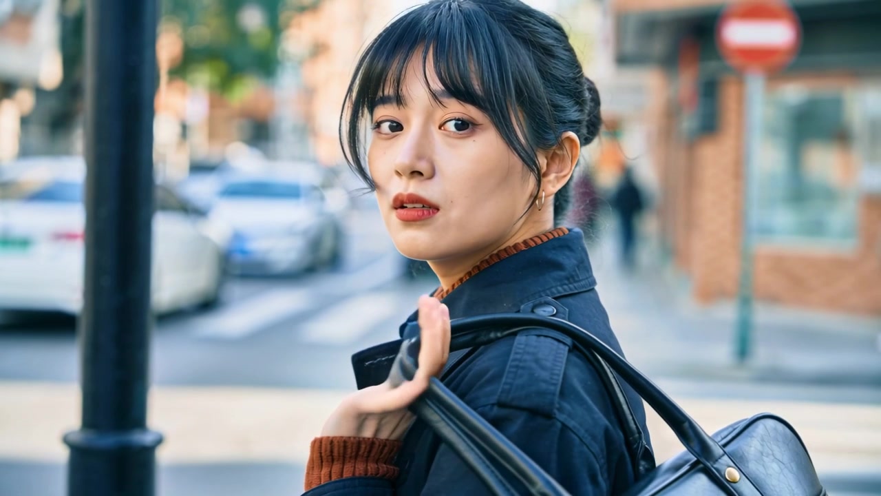 Donna che guarda all'attraversamento pedonale, sistema la tracolla della borsa nera sopra il cappotto scuro, voltandosi dopo aver alzato lo sguardo