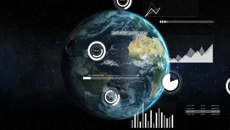 animation of financial data processing over globe on dark background