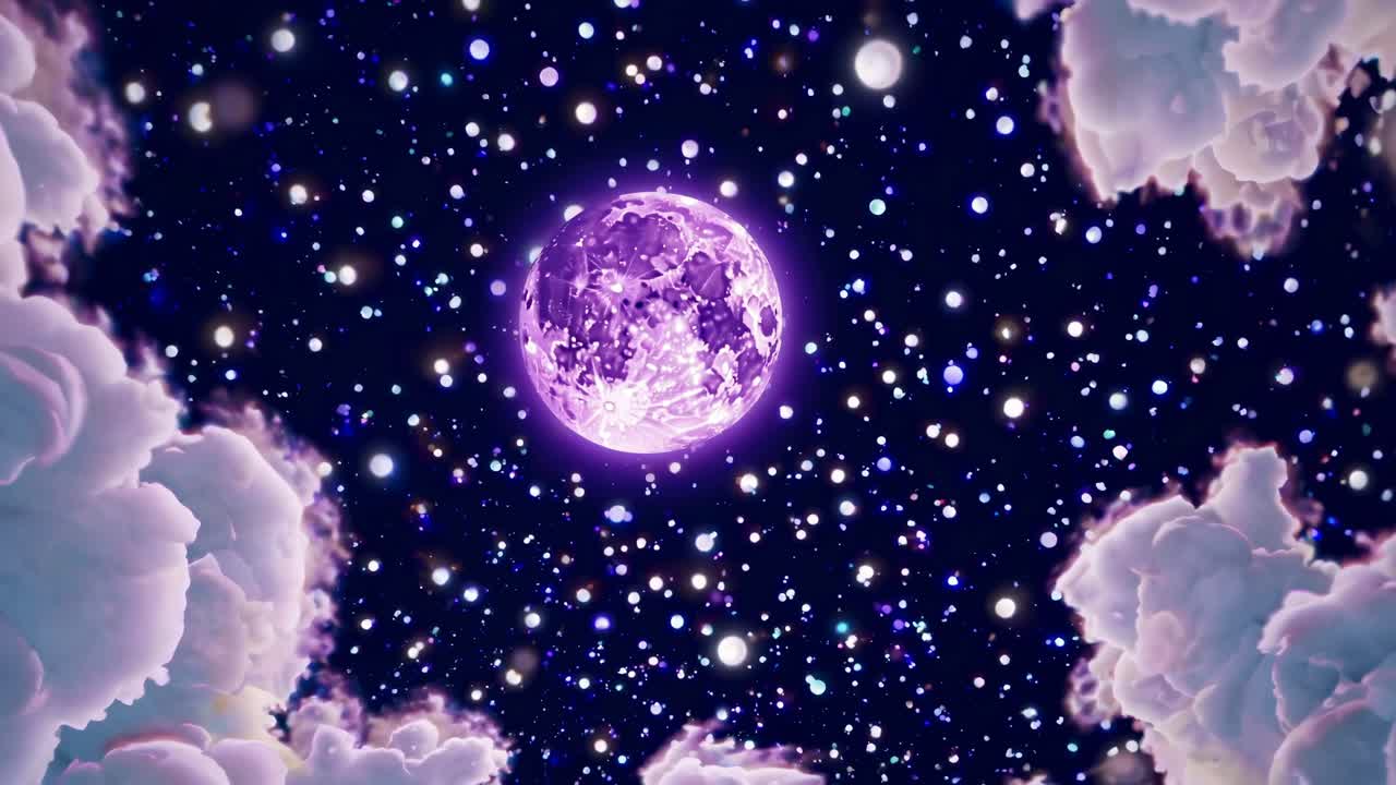 A surreal, cosmic video scene with a purple moon surrounded by stars and clouds