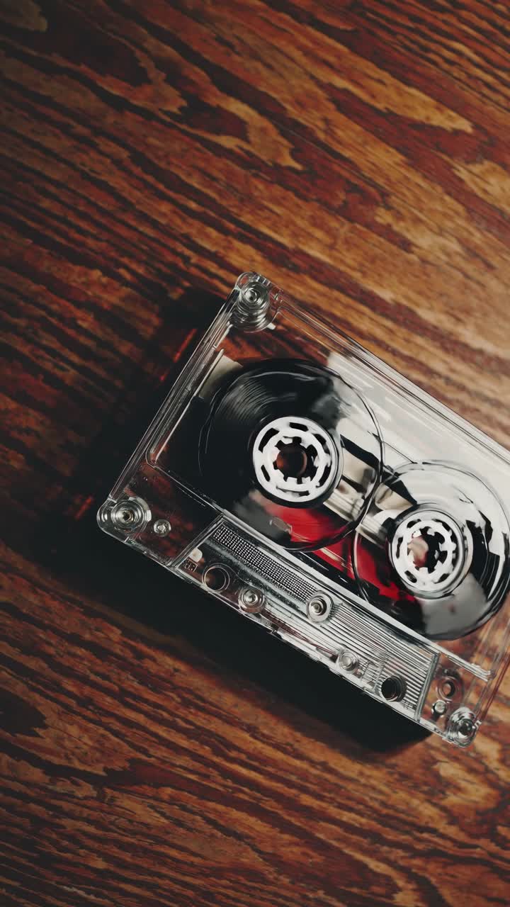 Top-down view of a vintage cassette tape on a wooden surface, evoking nostalgia and retro video