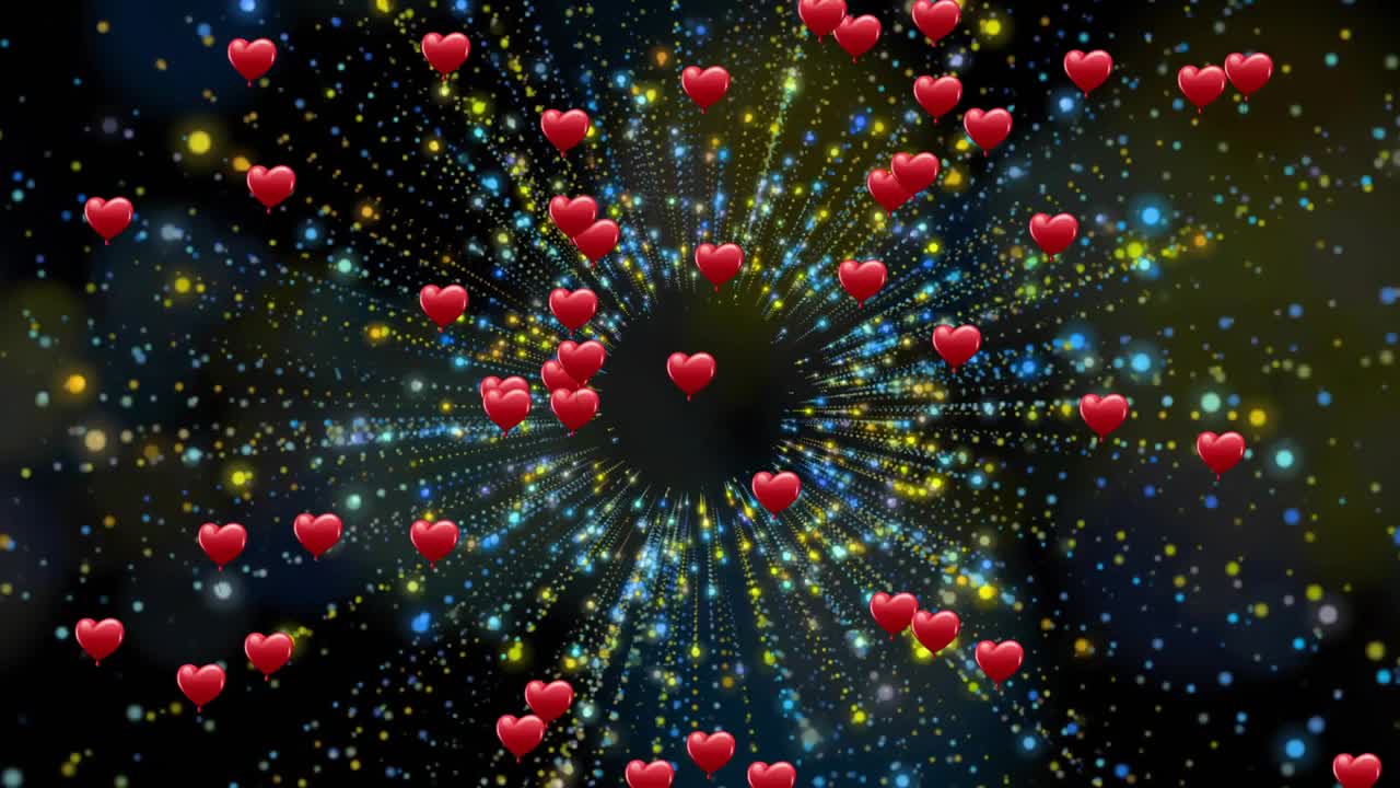 Opening void radiating blue gold dots, hearts fading drifting swirling into halo finally dispersing
