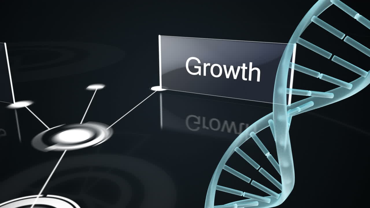 Animation of dna strand over network of connections on dark background