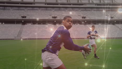 animación de una red brillante de conexiones sobre un equipo de diversos jugadores de rugby masculinos jugando rugby