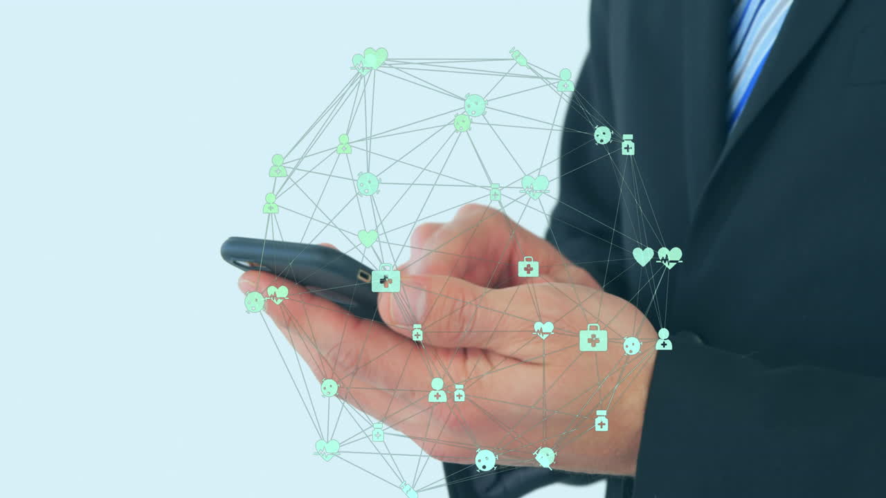 스마트 폰을 사용하는 사업가 위에 아이콘과 연결의 전지구의 애니메이션