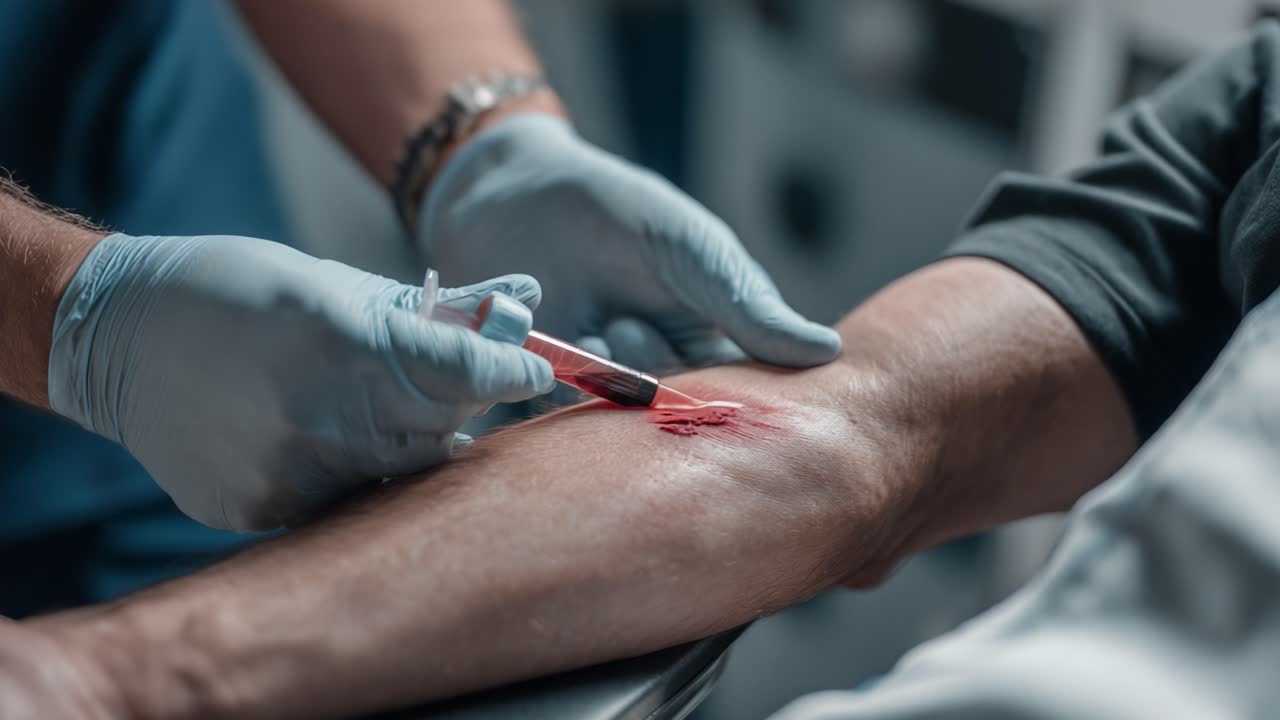 Medical Procedure: Injection Process Demonstrated on Arm, Highlighting Blood Extraction and Careful Administration by Health Professional with Gloves