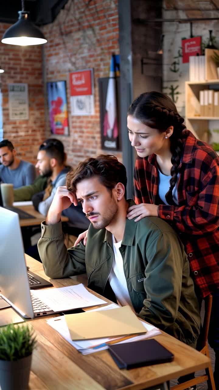 Colleague Comforting Stressed Man at Office Computer