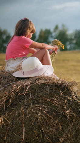 niño pequeño rascándose la cabeza mientras tira de la bala de heno mientras la hermana se sienta en la parte superior sosteniendo flores en el vasto campo de la granja, la luz del sol arroja un brillo cálido sobre el paisaje rural con heno esparcido