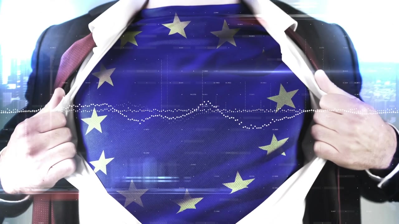 Animering av finansiell databehandling över en kaukasisk man som bär en t-shirt med EU:s flagga.
